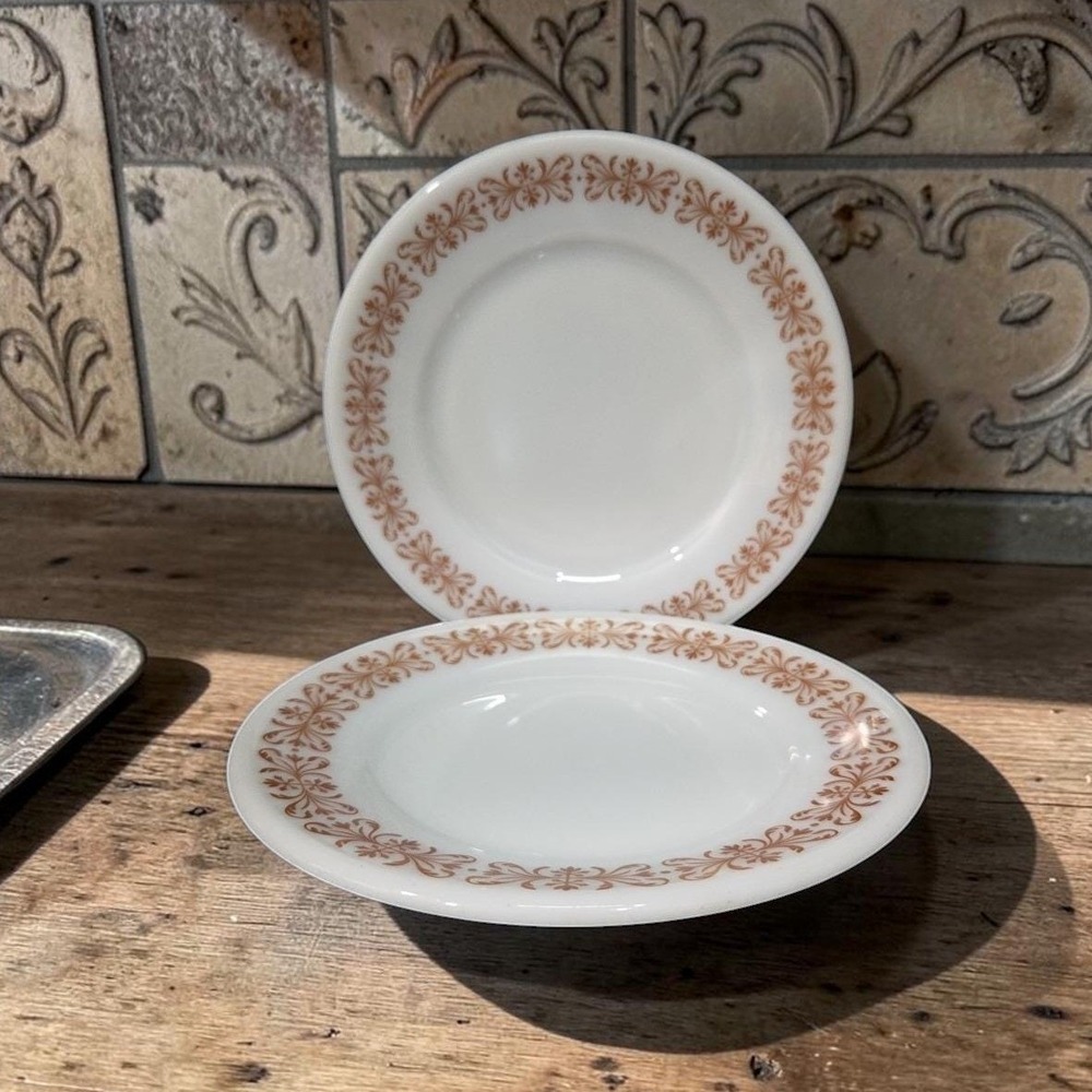 Pyrex Milk Glass Salad Plates, Set of 2, Vtg Copper Filigree Design Dinnerware